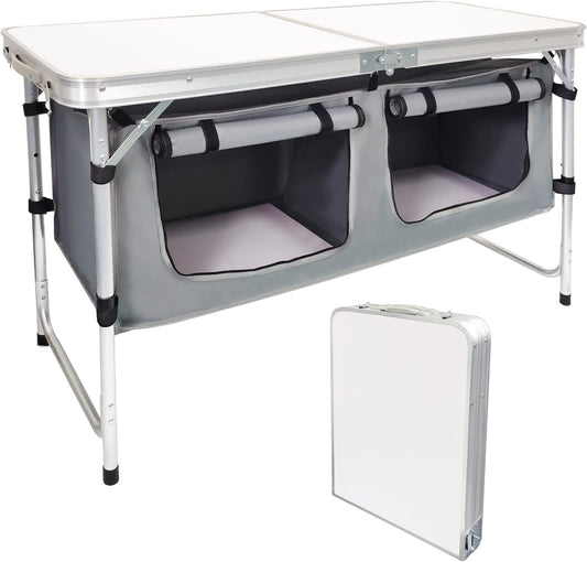 Folding Camping Table with Storage Lightweight Camp Tables Portable Indoor/Outdoor Collapsible Table Height Adjustable Camp Kitchen Perfect for Picnic, Beach, Travel, Tailgating, Backyards, BBQ, Party